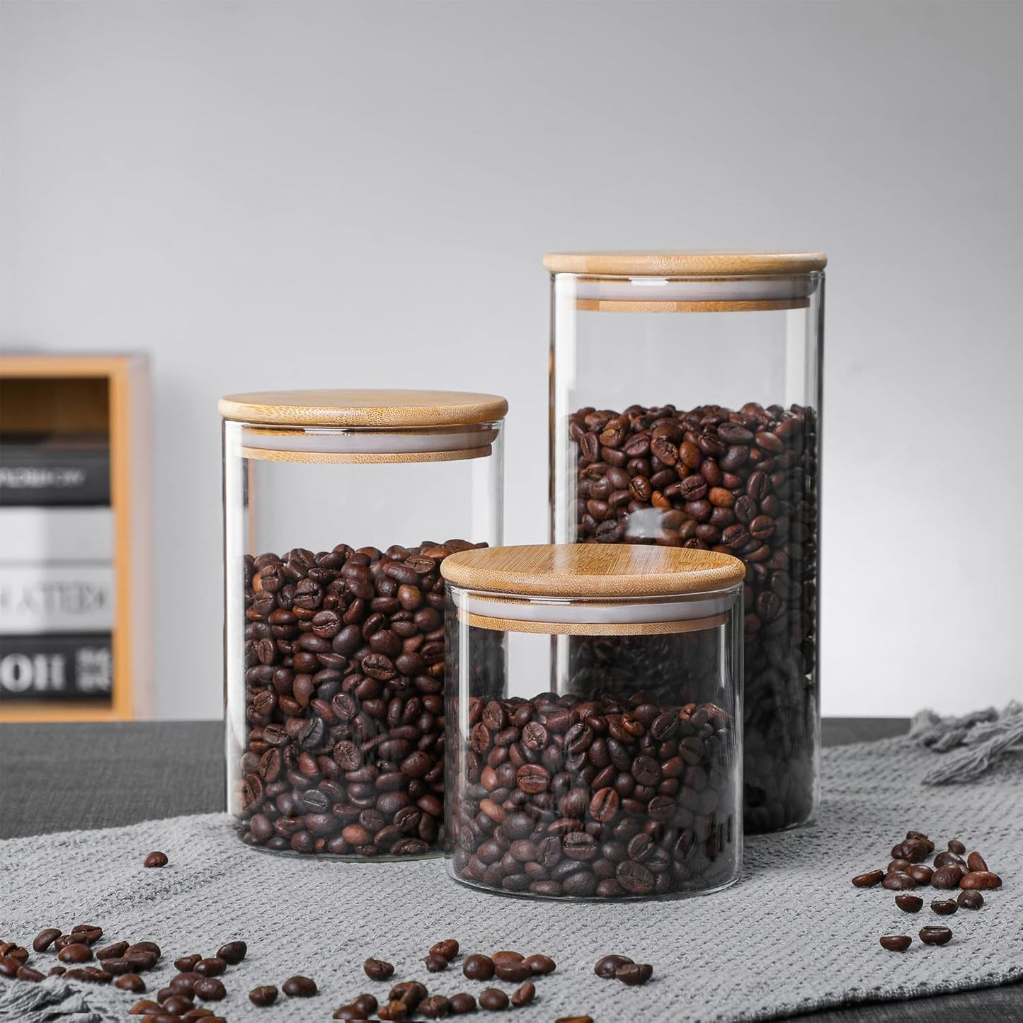 MOLFUJ 550 ML / 18 FL Oz Glass Storage Container with Wood Lid, Stackable Clear Decorative Organizer Bottle Canister Pantry Jar with Air Tight Wooden Lid for Food, Coffee, Candy, Sugar, Salt, Tea