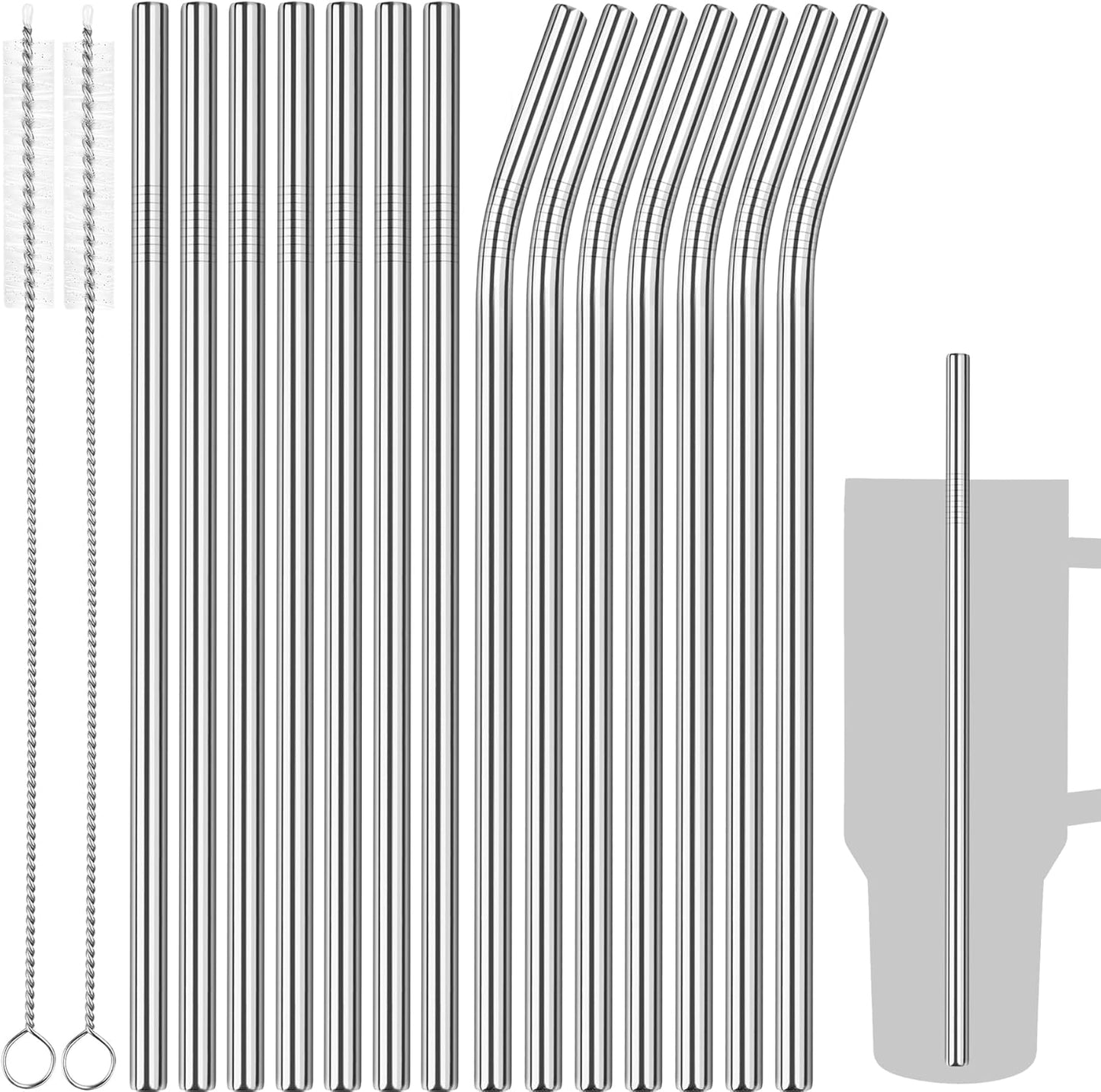Tomorotec 40oz Straws, 14PCS Stainless Steel Replacement Straws for Stanley 40oz Adventure Quencher Travel Tumblers with Cleaning Brushes 2PCS, Food-Grade, Dishwasher Safe for Smoothies (Silver)