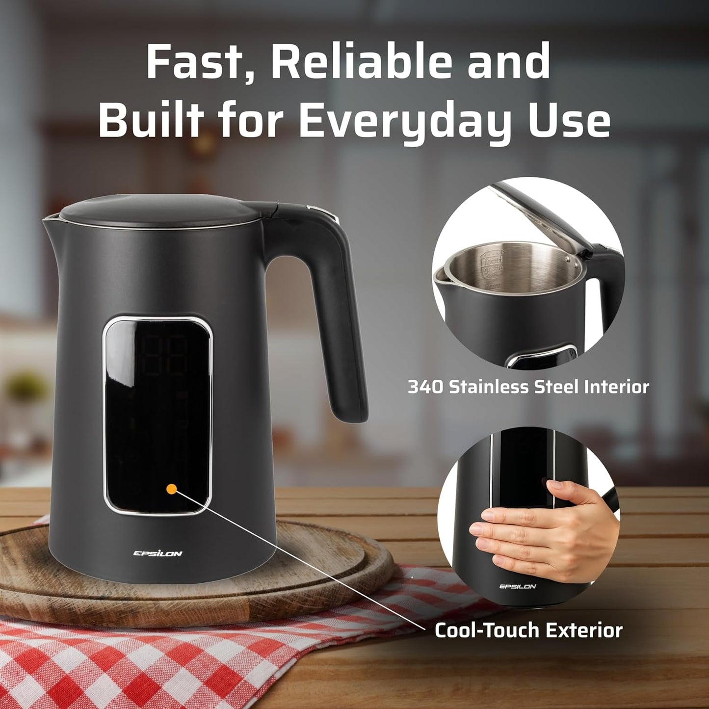Epsilon LCD Electric Kettle 1500W - 1.7L Hot Water Tea Kettle with Digital Display, Temperature Control, Fast Boil, BPA-Free Electric Teapot with Auto Shut-Off & Boil Dry Protection