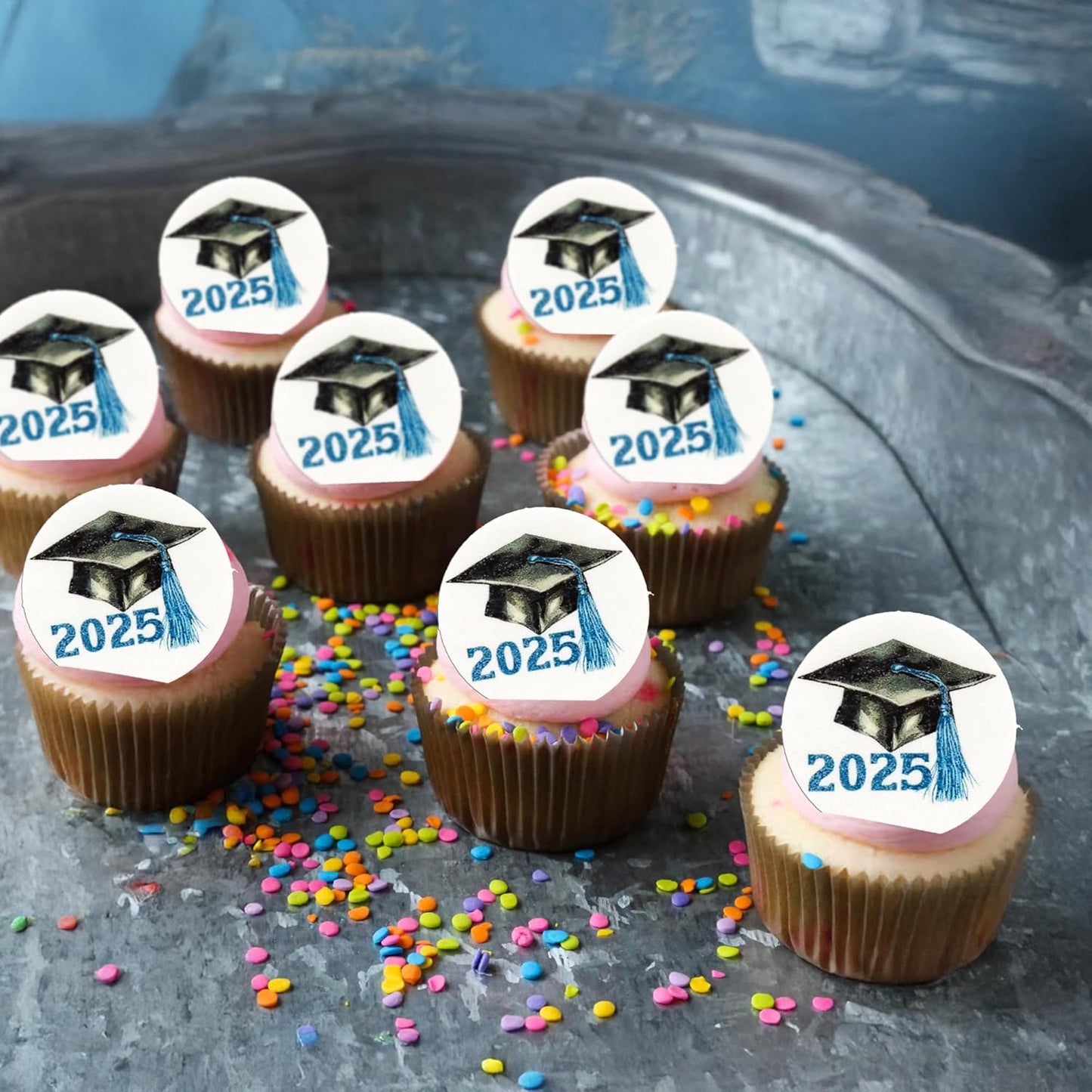 Gyufise 48Pcs Edible 2025 Graduation Cap Cupcake Toppers Wafer Paper Class of 2025 Grad Cap Cupcake Picks for 2025 Graduation Theme Party Cake Decorations Supplies Blue