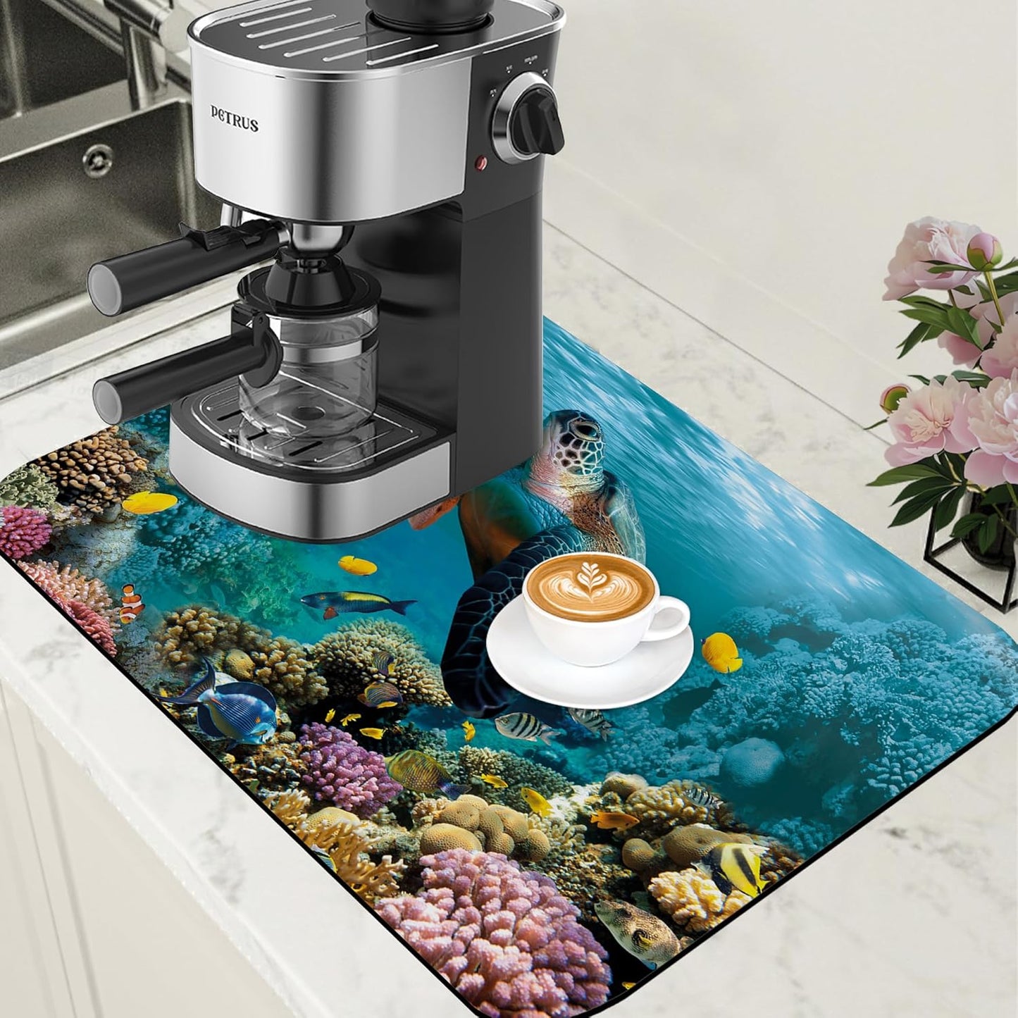 Sea Turtle Coffee Mat Absorbent Dish Drying Mat for Kitchen Counter Hide Stain Rubber Backed Coffee Bar Accessories Fit Under Espresso Machine Dish Rack, 15.7 x 23.6 Inch