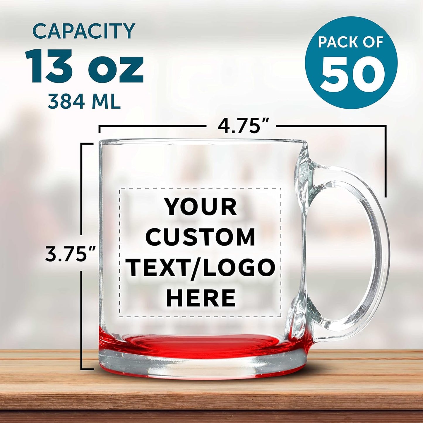 Custom Libbey Clear Glass Coffee Mugs 13 oz. Set of 50, Personalized Bulk Pack - Perfect for Coffee, Tea, Espresso, Hot Cocoa, Other Beverages - Red Bottom