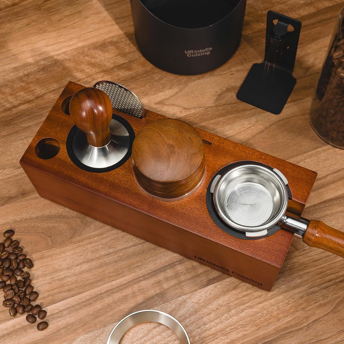 Espresso Tamping Station 8 in 1 Red Rosewood Multifunctional Coffee Organizer with Stainless Steel Drawer Fits 51, 54, 58mm Espresso Tamper, Portafilter, Distributor & Puck Screen Espresso Accessories