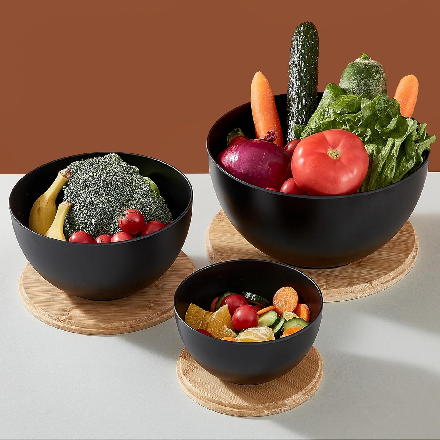 JOYMAY Salad Bowls, Mixing Bowl Salad Bowl Set, Natural Bamboo Fiber Serving Bowl Set of 3 with Bamboo Wood Lid, Nesting Bowls for Salads,Pastas(Black,10",8",6")