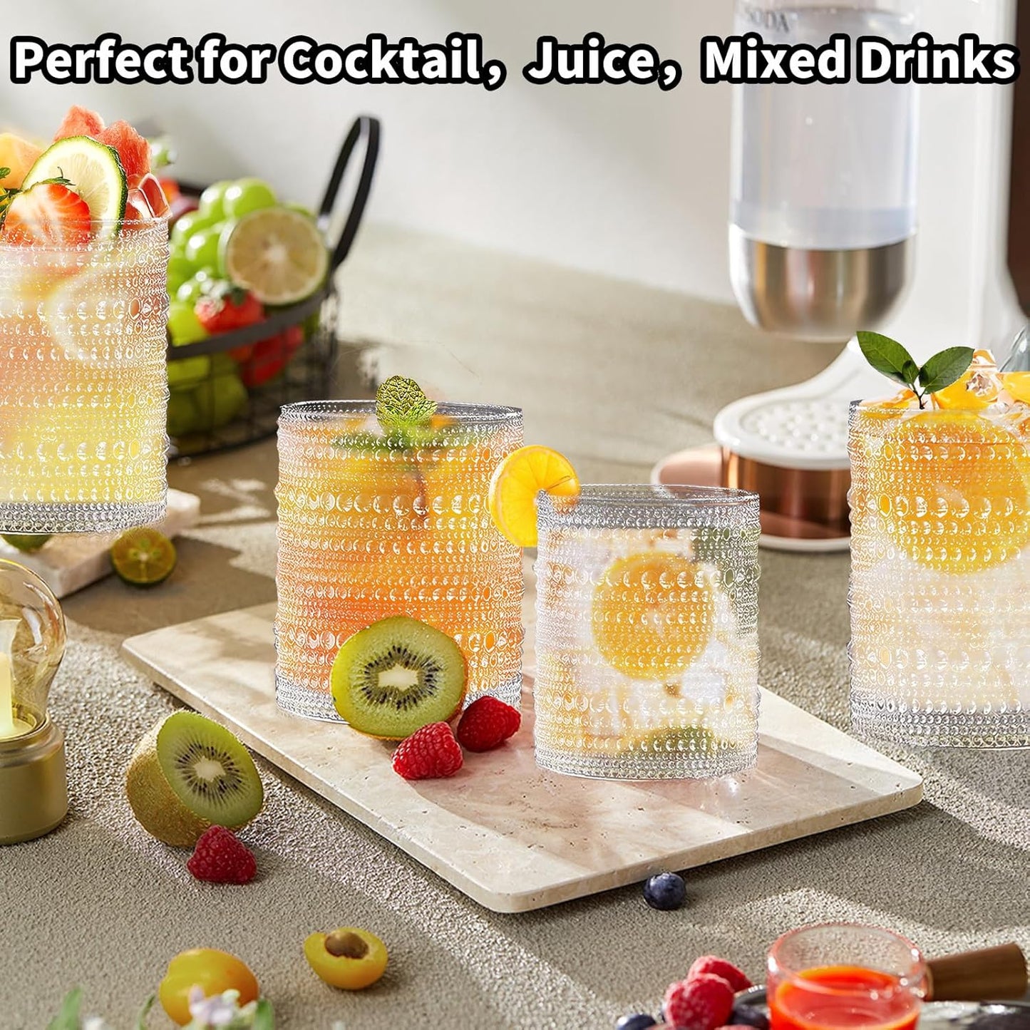 Hobnail Drinking Glasses，12 oz Glasses Drinking Set of 6，Vintage Glassware，Whiskey/Cocktail/Juice/Beer/Water/Kitchen Glasses for Bar Tumbler Glassware，Vasos De Vidrio Glass Cups Set for Mixed Drinks