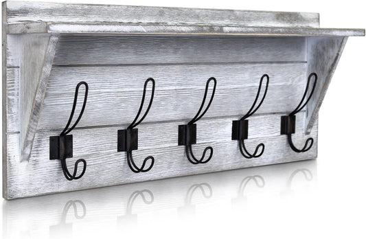 HBCY Creations Rustic Wall Mounted Coat Rack with Shelf - Solid Wood 24" Entryway Shelf with 5 Coat Hangers. Perfect Touch for Your Entryway, Mudroom, Kitchen, Bathroom and More, Whitewash