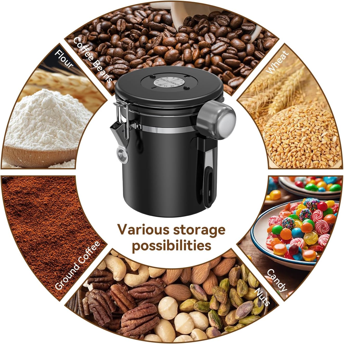 Coffee Canister With Window,22oz Stainless Steel Airtight Coffee Bean Storage Grounds Container with Date Tracker and Scoop,Grounds Kitchen Food Canister Jar for Beans,Tea,Sugar,Flour,Cereal