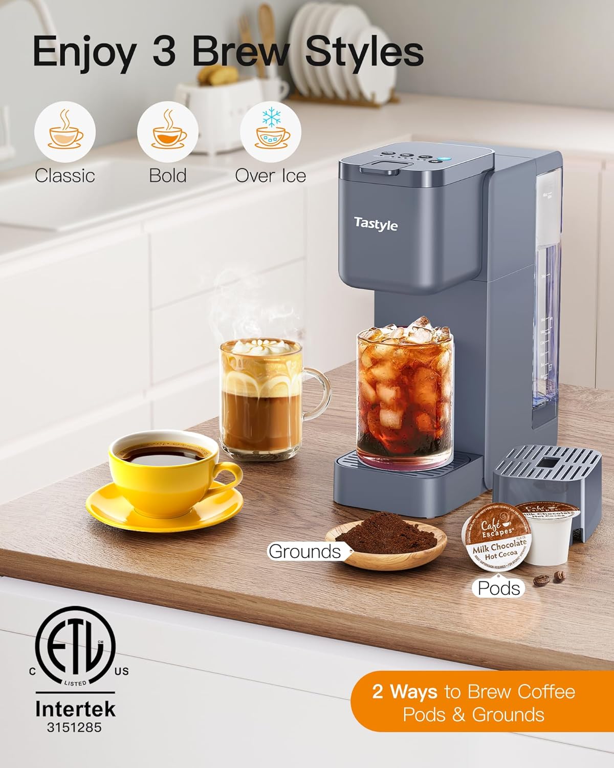 Single Serve Hot & Iced Coffee Maker with Strong Brew, 40oz Removable Reservoir, 6 Brew Sizes, Compatible with K Cup and Grounds, Compact for Home, Office, RV and Dorm, Gray (2.0 Version)
