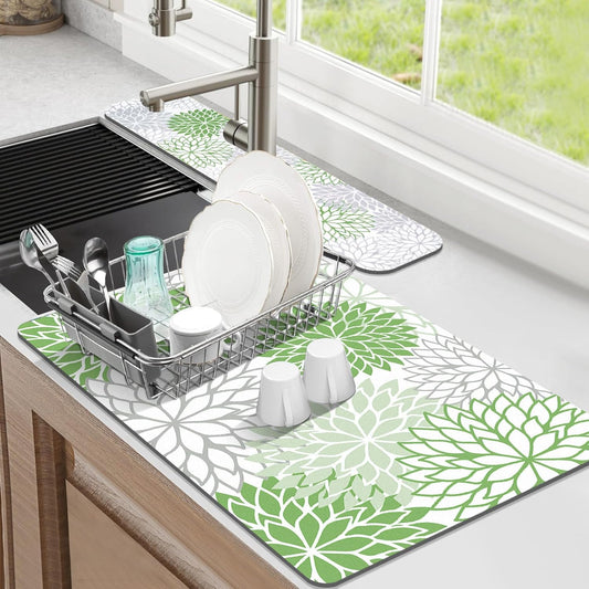 Findosom 2PCS 12" x 20" Dish Drying Mat & 24" x 5.5" Sink Splash Guard, Super Absorbent & Cuttable Dish Mat Drying Kitchen Mat with Green Floral, Hide Stain Drying Mat for Kitchen Counter