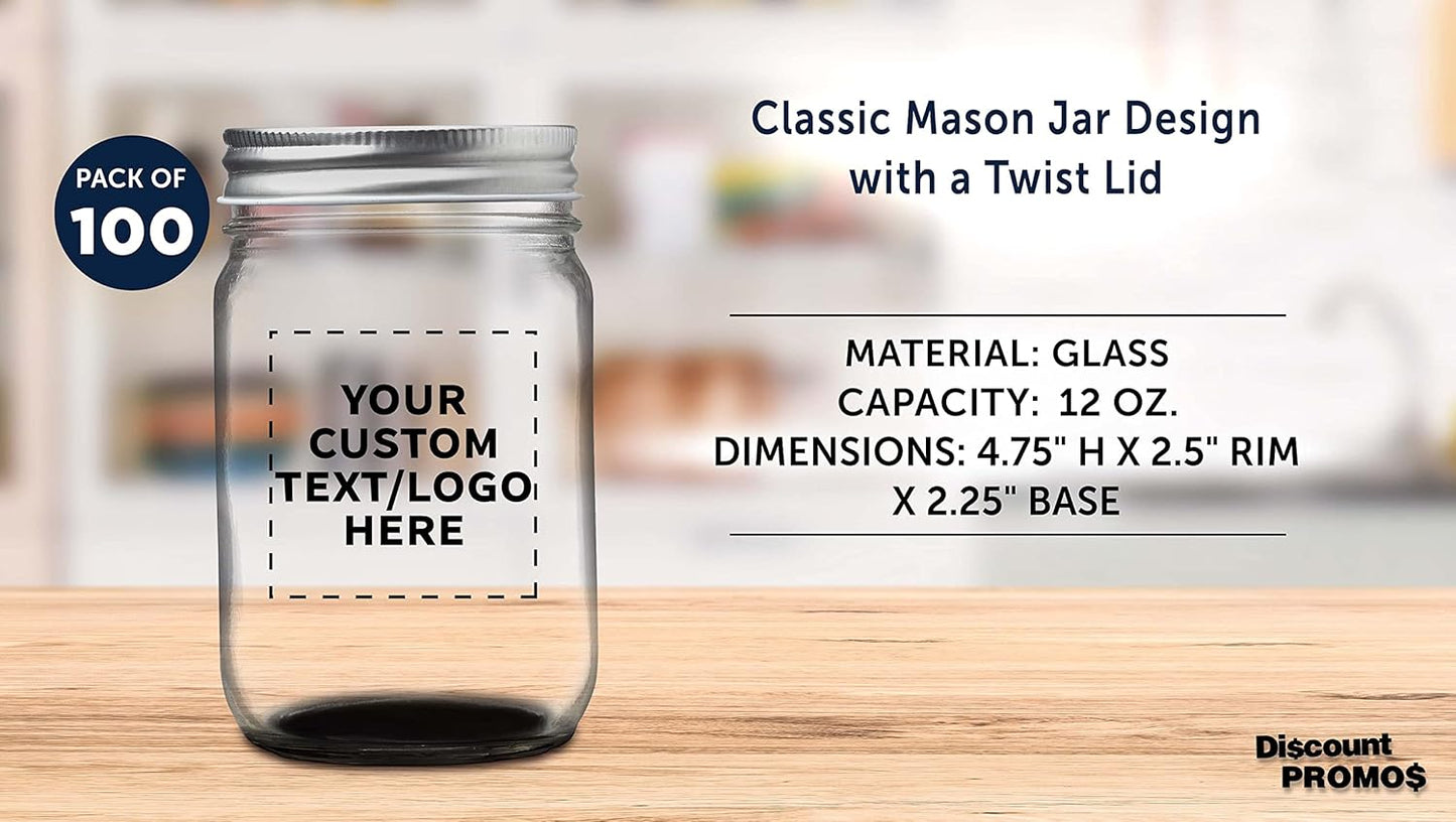DISCOUNT PROMOS 100 Decorating Mason Jars Set, 12 oz. - Customizable Text, Logo - Canning, Aluminum Lid - Black
