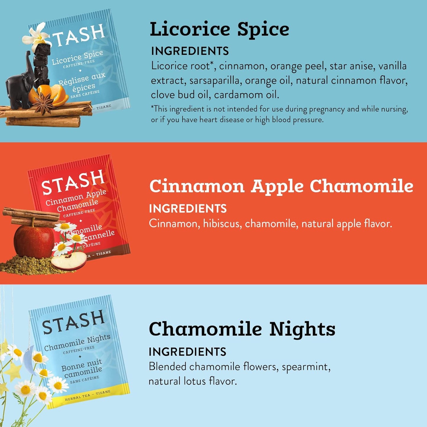 Stash Tea Soothing Herbal Tea 6 Flavor Variety Pack, 6 Boxes With 18-20 Tea Bags Each