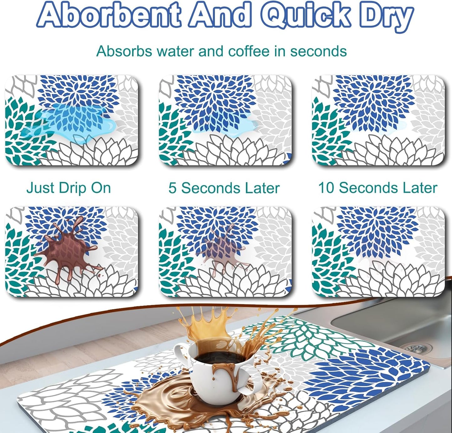 Coffee Bar Mat for Countertop, 17" X 28” Super Absorbent Dish Drying Mat, Large Kitchen Counter Mats Fits Under Coffee Maker, Non-slip Espresso Machine Pad, Outlined Floral