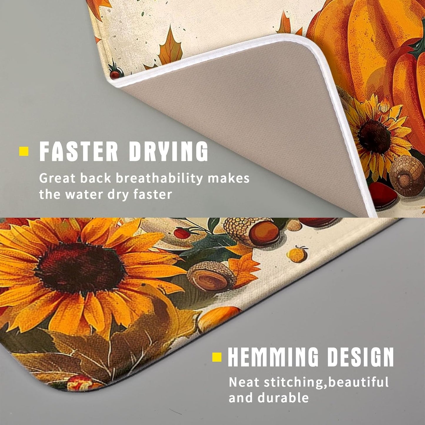 Happy Thanksgiving Day Harvest Dish Drying Mat for Kitchen Counter,Sunflower Maple Leaves Pumpkin Drying Mat 16 x 18 Inch with Absorbent Reversible Microfiber Dish Drying Pad for Coffee Bar