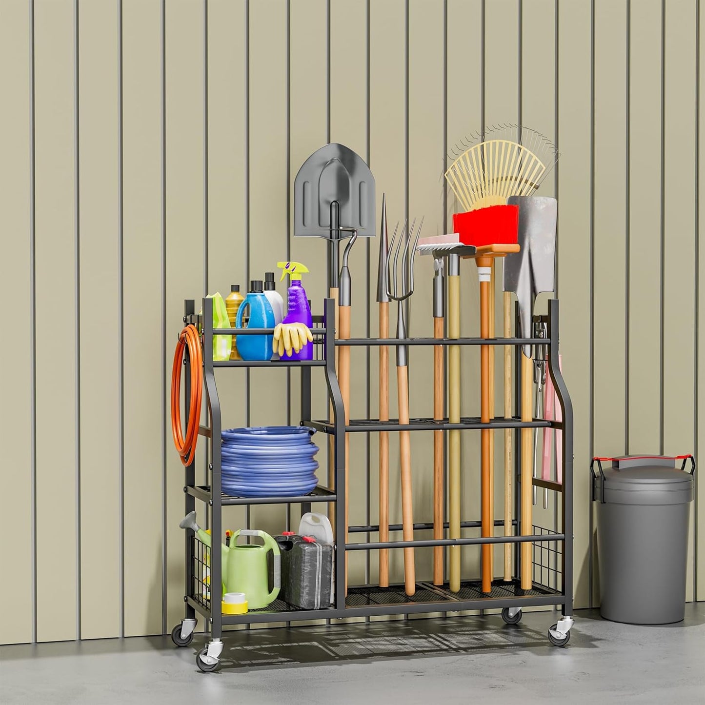 Garden Tool Organizer with Wheels for Garage and Shed, Spacious Tool Storage, Multi-Tier Design with Side Hooks for Rakes, Shovels, Brooms, and Yard Tools Rolling Cart