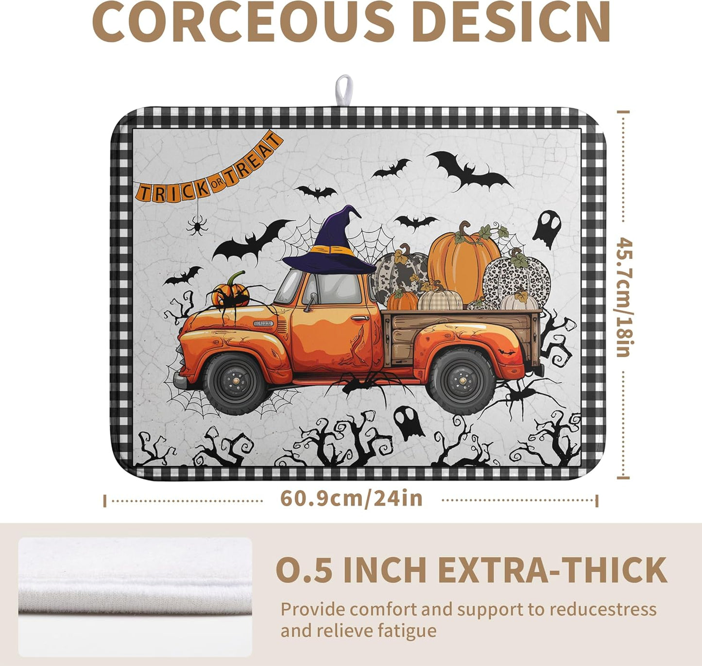 Happy Halloween Pumpkin Truck Dish Drying Mat For Kitchen Trick or Treat Microfiber Absorbent Dish Drying Mats Spooky Black Bat Ghost Self Dish Draining Mat 18x24 In Coffee Bar Spill Pad Decoration