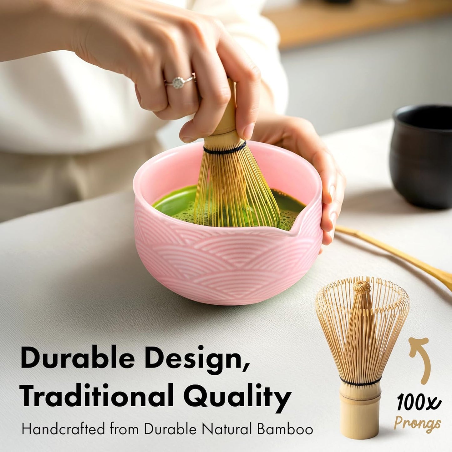 Matcha Whisk Set (7 Pcs) - Complete Matcha Set, Matcha Bowl with Spout, Whisk with Holder, Bamboo Scoop with Rest and Sifter, Perfect Kit for Matcha Lovers (Sakura Pink)
