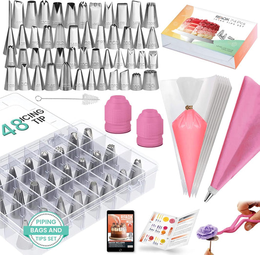 RFAQK 74 PCs Icing Piping Bags and Tips Set, Cake Decorating Kit with 48-Numbered Piping Tips, 20+1 Pastry Bags for Cookie Cupcake Cake Decoration, Cake Decorating Tips Set with Booklet and E-book