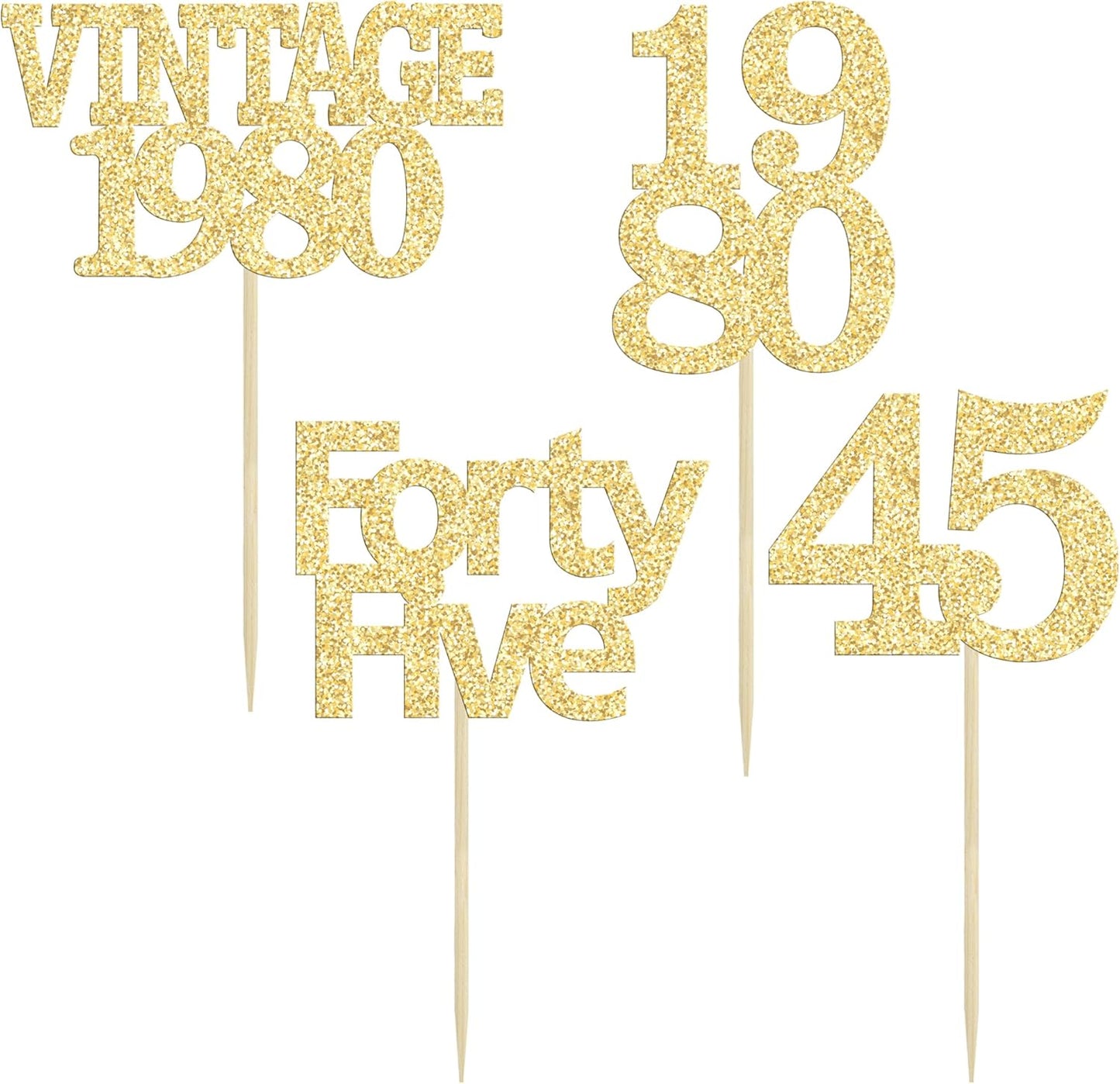 Gyufise 24Pcs 45th Birthday Cupcake Toppers Glitter Cheers to 45 Fabulous Forty Five Vintage 1980 Cupcake Picks 45th Birthday Wedding Anniversary Party Cake Decorations Supplies Gold