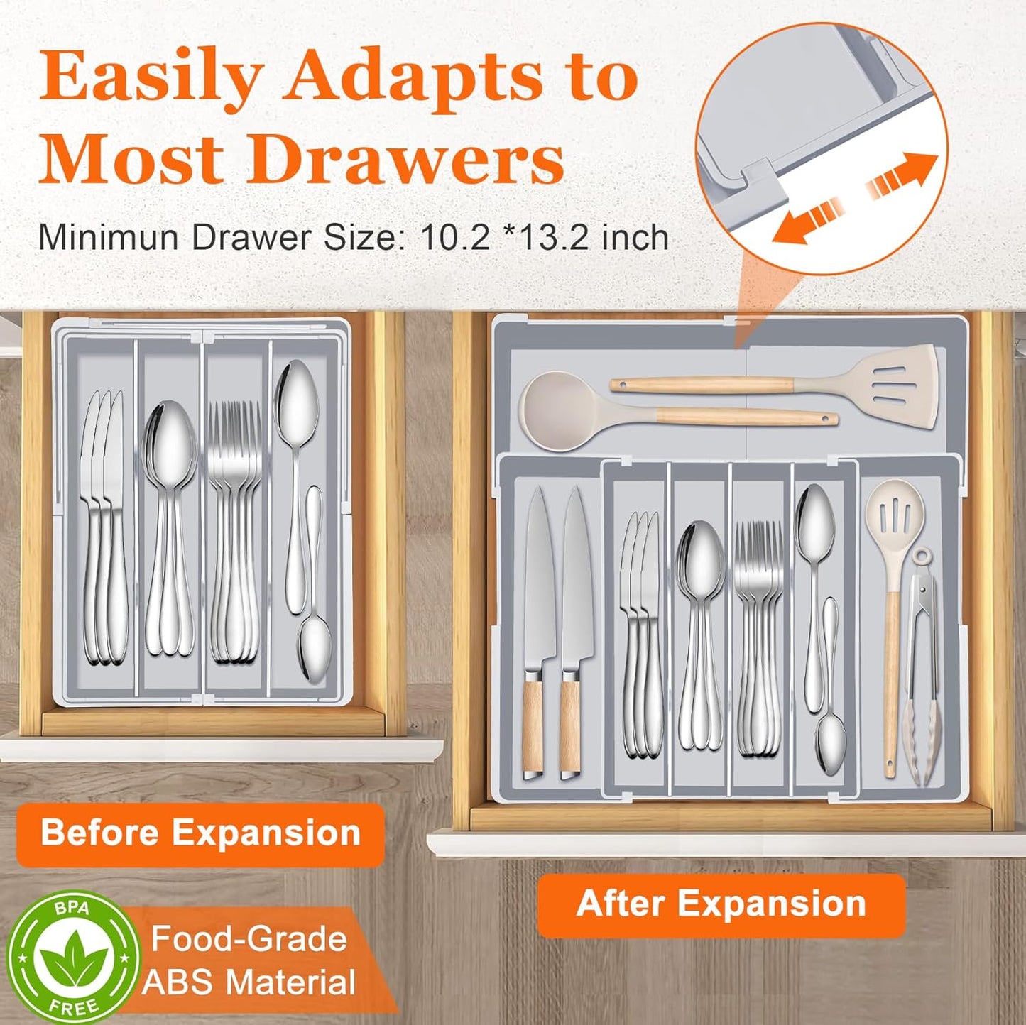Silverware Organizer for drawer - Adjustable Kitchen Drawer Organizer Utensil Drawer Organizer, Expandable Silverware Tray for Drawer Utensil Organizer for Forks, Knives, Grey