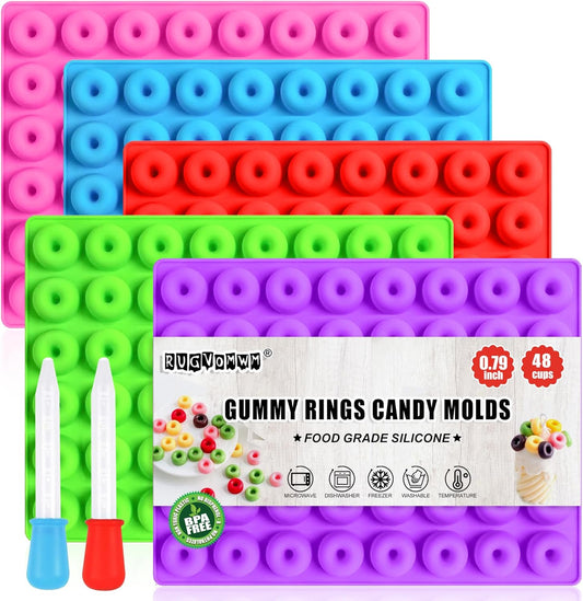 5 Pack Gummy Rings Candy Molds Silicone Round Mini Donut Mold with 2 Dropper,Non-Stick Food Grade Mold for Hard Candies, Chocolate, Ice Cube