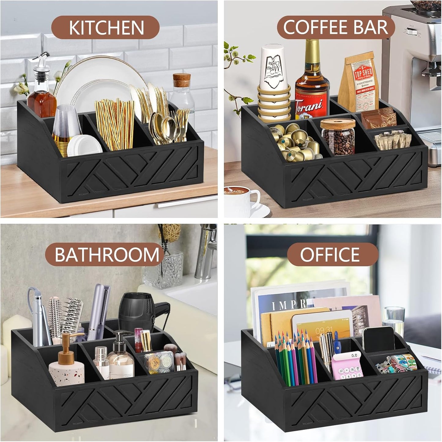 Coffee Pod Holder and Bar Accessories, Wood Station Organizer for Decor, Syrup and Condiment Organizer, Black