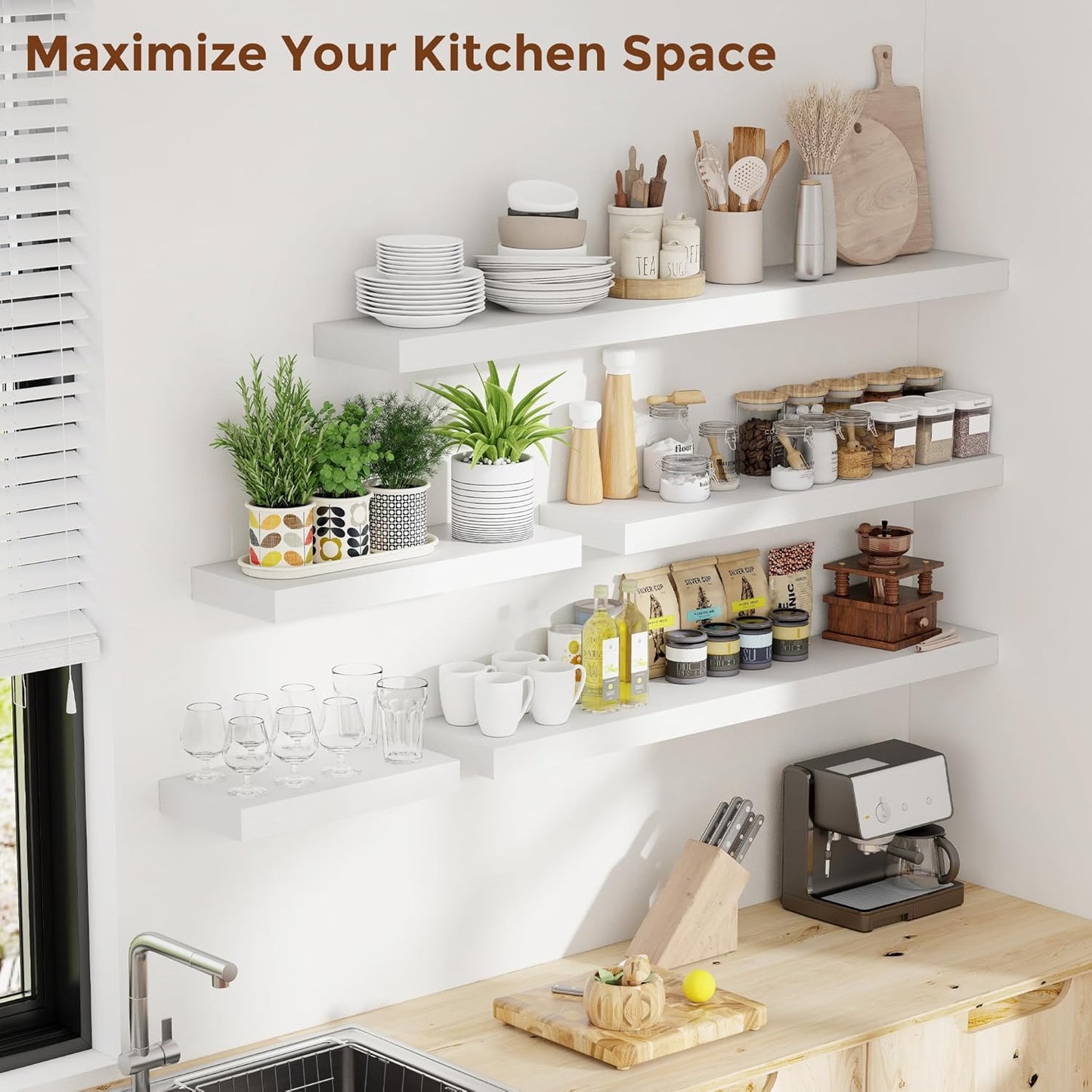 Heimlove 55 Inch Floating Shelves for Wall 8 Inch Deep White Shelves Set of 2,Wall Mounted Rustic Wood Long Floating Shelf，Large Extra Display & Storage Shelf with Invisible Brackets