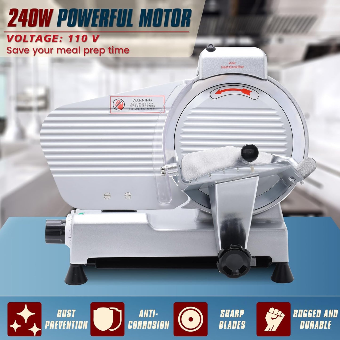 10 inch Commercial Meat Slicer, Electric Food Slicer, 240W Deli Slicer, Premium Chromium-plated Steel Blades, 0-12mm Adjustable Thickness Food Slicer For Commercial and Home use