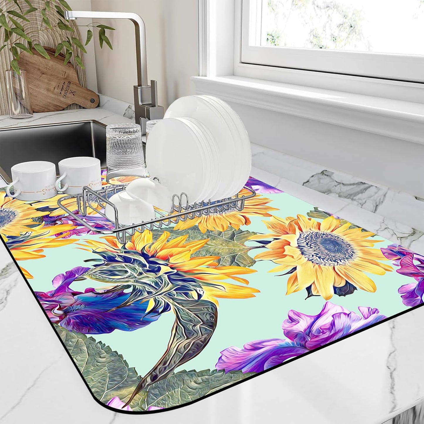 Dish Drying Mat Watercolor Sunflowers Irisflowers Floral Kitchen Mat 16"x24" Bsorbent Coffee Maker Mat for Dishes,Utensils Coffee Maker Pots and Pans Easy Clean Dish Slip Resistant Pad