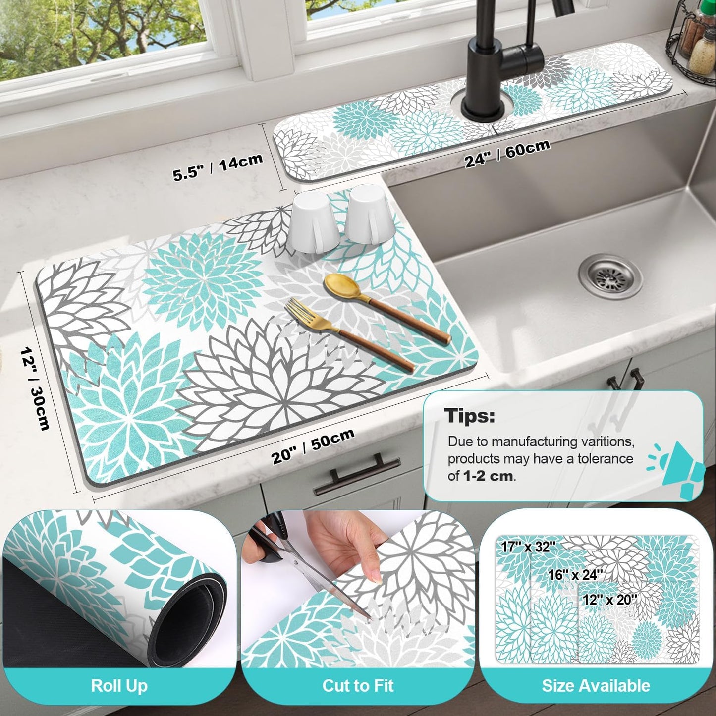 Findosom 2PCS 12" x 20" Dish Drying Mat & 24" x 5.5" Sink Splash Guard, Super Absorbent & Cuttable Dish Mat Drying Kitchen Mat with Teal Floral, Hide Stain Drying Mat for Kitchen Counter