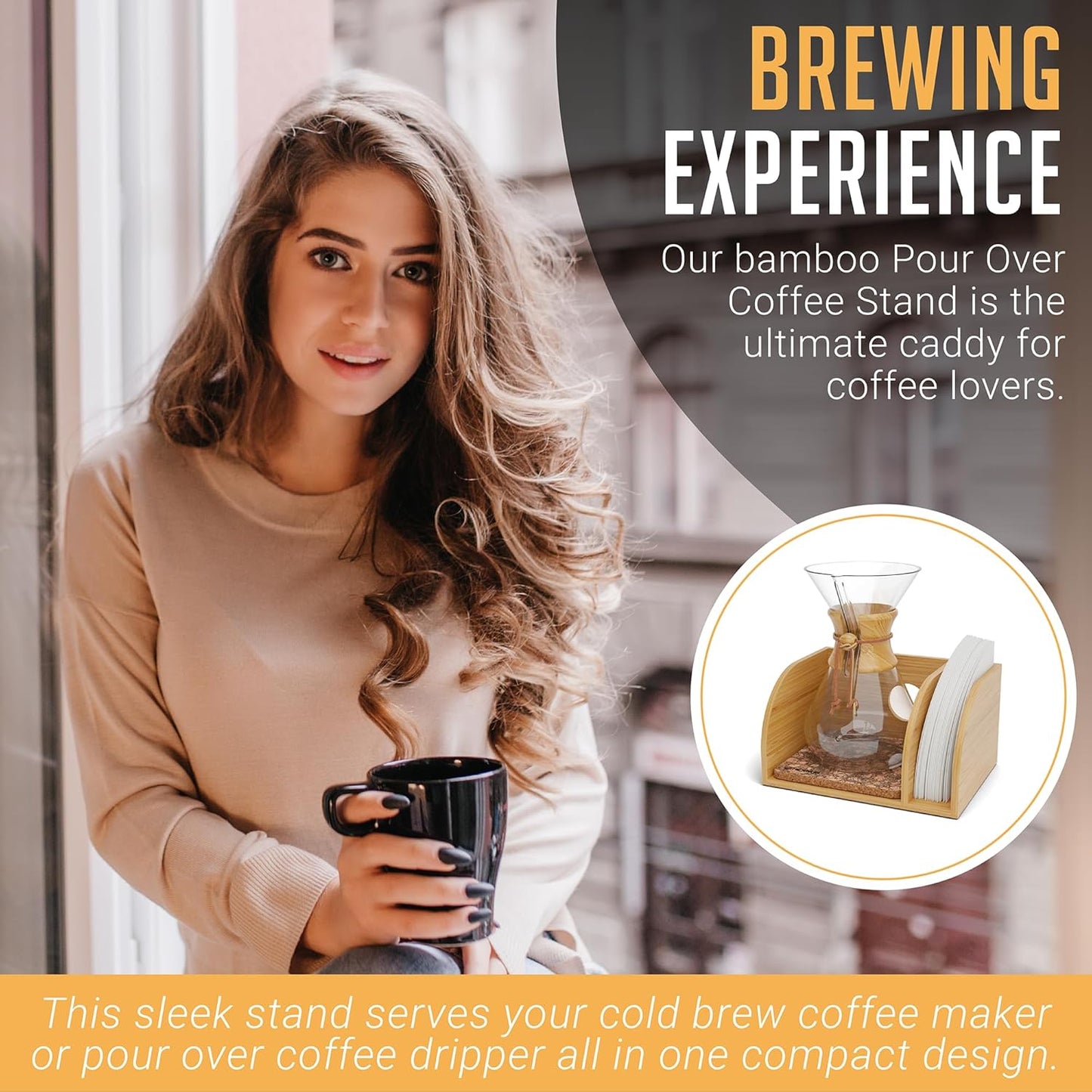 HEXNUB – Caddy for Pour Over Coffee Maker, Bamboo Stand fits Chemex, Bodum, Cosori Coffee Carafes, Heatproof Mat, Filter Holder for Drip Coffee Maker - Cork Mat