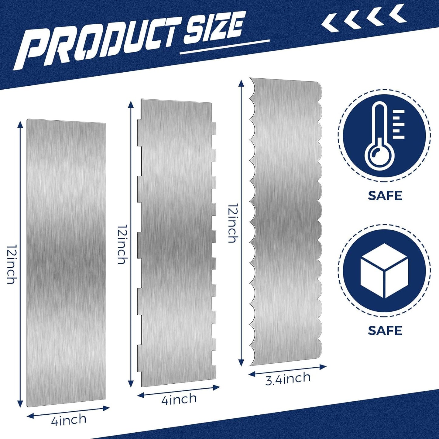 Yinkin 3 Pcs 12 Inch Cake Scraper Smoother Stainless Steel Cake Scraper Metal Large Double Sided Patterned Edge Decorating Comb Icing Smoother for Mousse Butter Cream Dessert Decoration