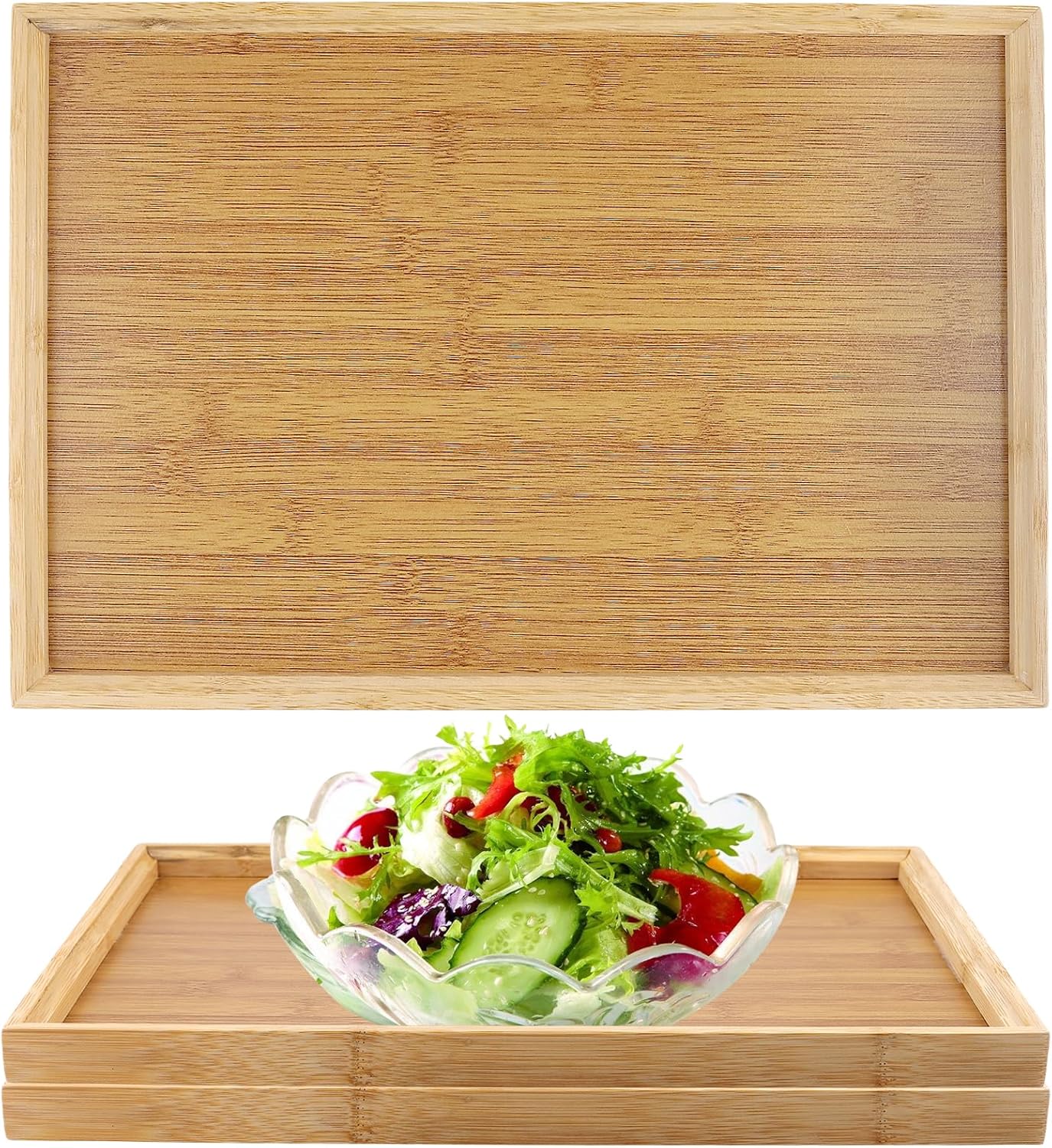 SEUNMUK 3 Pack Rectangular Bamboo Serving Tray, Natural Bamboo Tray for Serving Food, Snack, 14.6 x 10 x 1 Inch