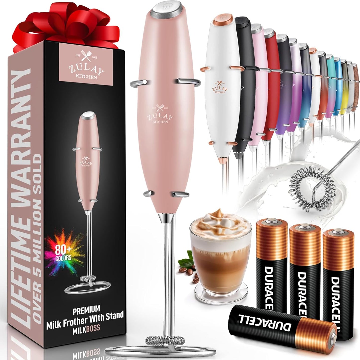 Zulay Kitchen Powerful Milk Frother Wand With 4 AA Duracell Batteries - Ultra Fast Handheld Drink Mixer - Electric Whisk Foam Maker for Coffee, Lattes, Cappuccino, Matcha & Creamer -