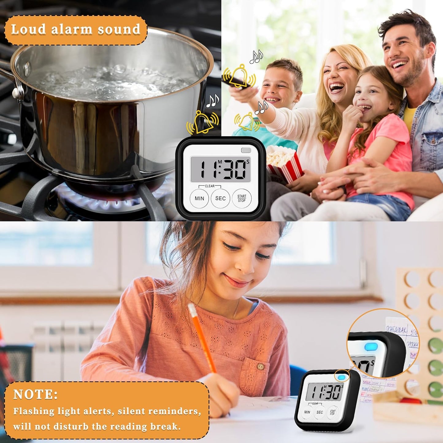 Timer, Kitchen Timers for Cooking Classroom Timer for Kids Teachers Magnetic Digital Timers 4 Pack, Black