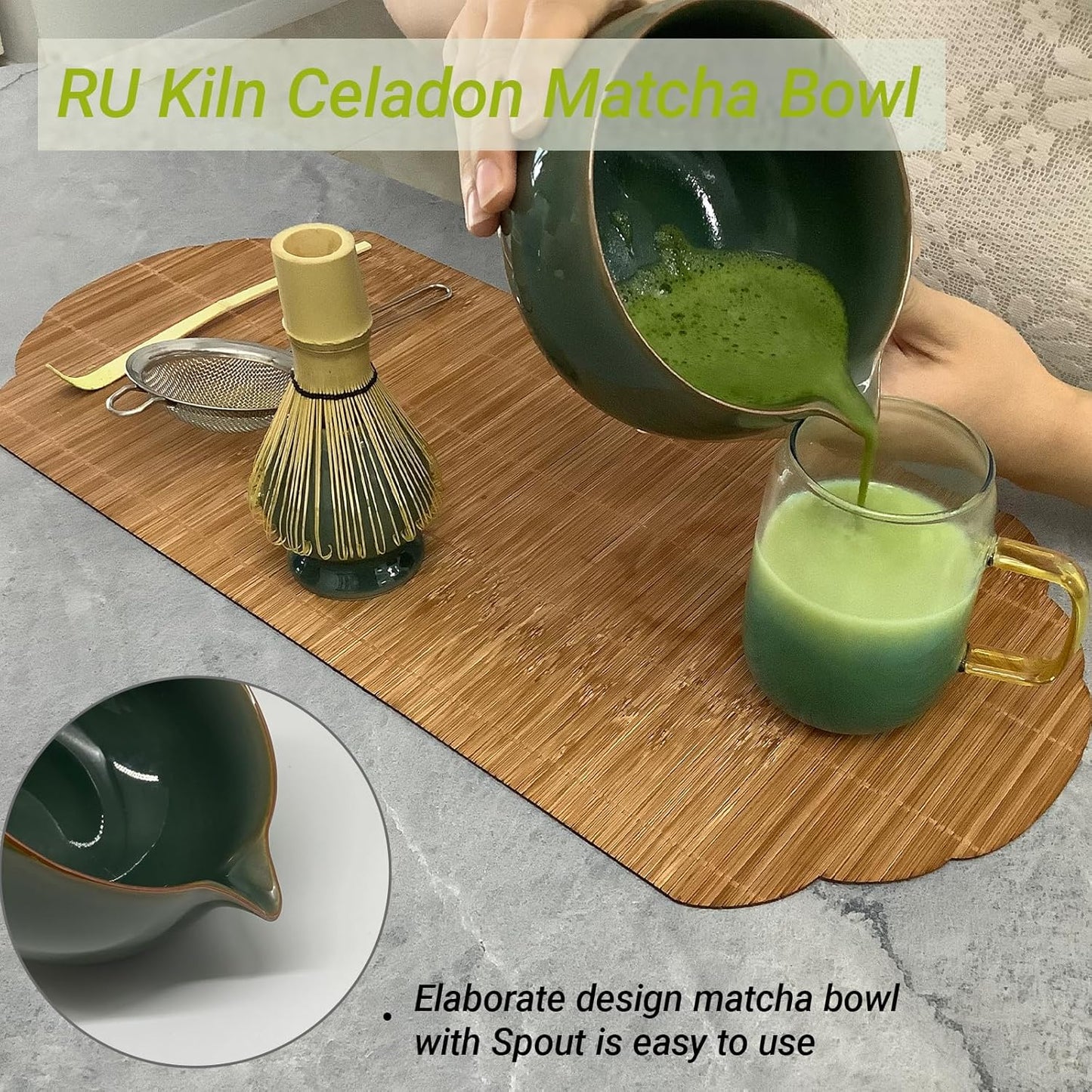 Matcha Whisk Set – 5 Pcs Matcha Set Whisk and Bowl with Spout, Bamboo Scoop, Sifter & Holder – Ru Kiln Matcha Bowl Japanese Tea Kit for Gifts, Home Use & Ceremonial Rituals (green)