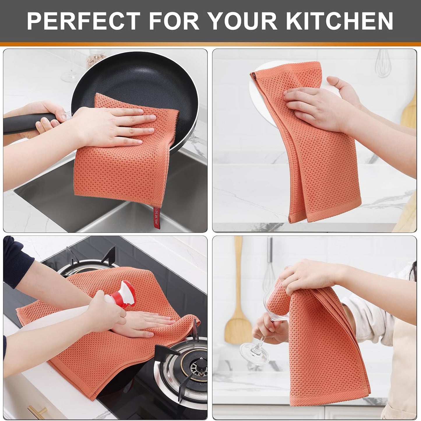 Kitinjoy 100% Cotton Waffle Weave Kitchen Towels, 8-Pack Super Soft and Absorbent Dish Towels for Drying Dishes, Kitchen Hand Towels, 13 in x 28 in, Coral