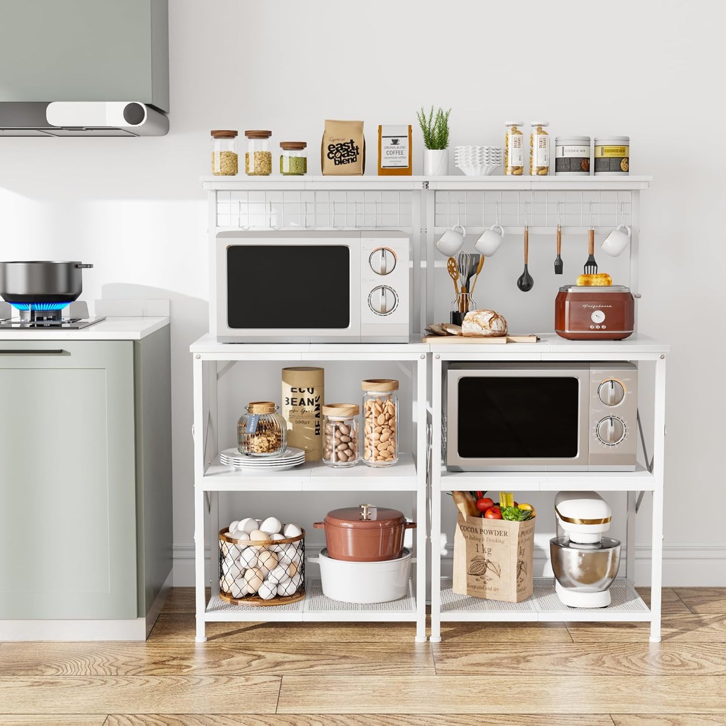 Furologee Kitchen Bakers Rack with Hutch, Coffee Bar Station 4 Tiers, Microwave Oven Stand with 6 S Hooks and Pegboard, Kitchen Microwave Rack for Spice Organizer Workstation, White