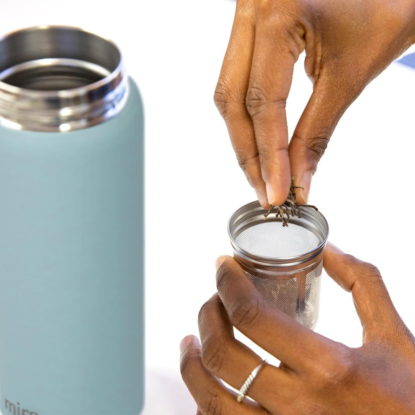 MIRA 18 oz Tea Infuser Thermos - Stainless Steel Travel Bottle with Removable Strainer for Loose Leaf Tea - Insulated Hot & Cold Brew Steeper - Pearl Blue