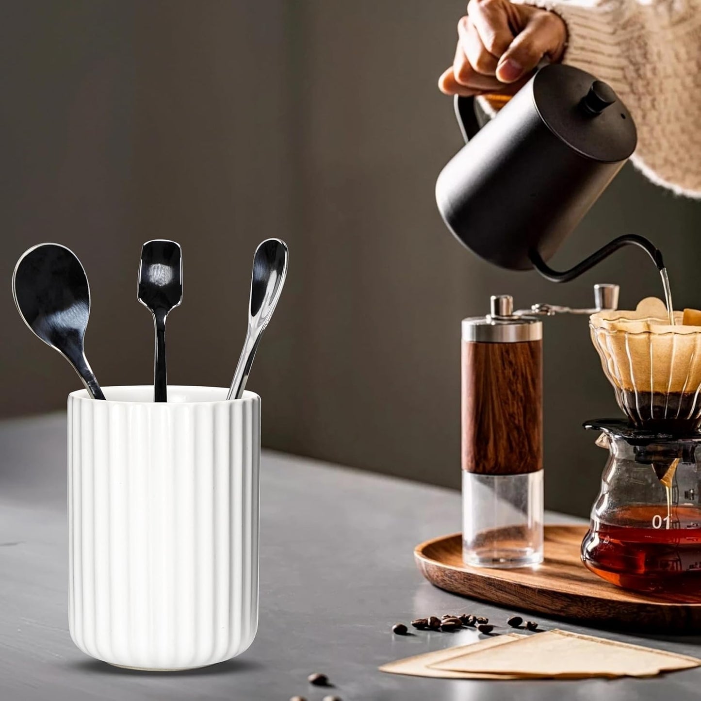 Ceramic Spoon Holder for Coffee Bar, Upright Tea Spoon Holder Cup, Coffee Stirrers Straws Stir Stick Holder, Brown Fluted Surface