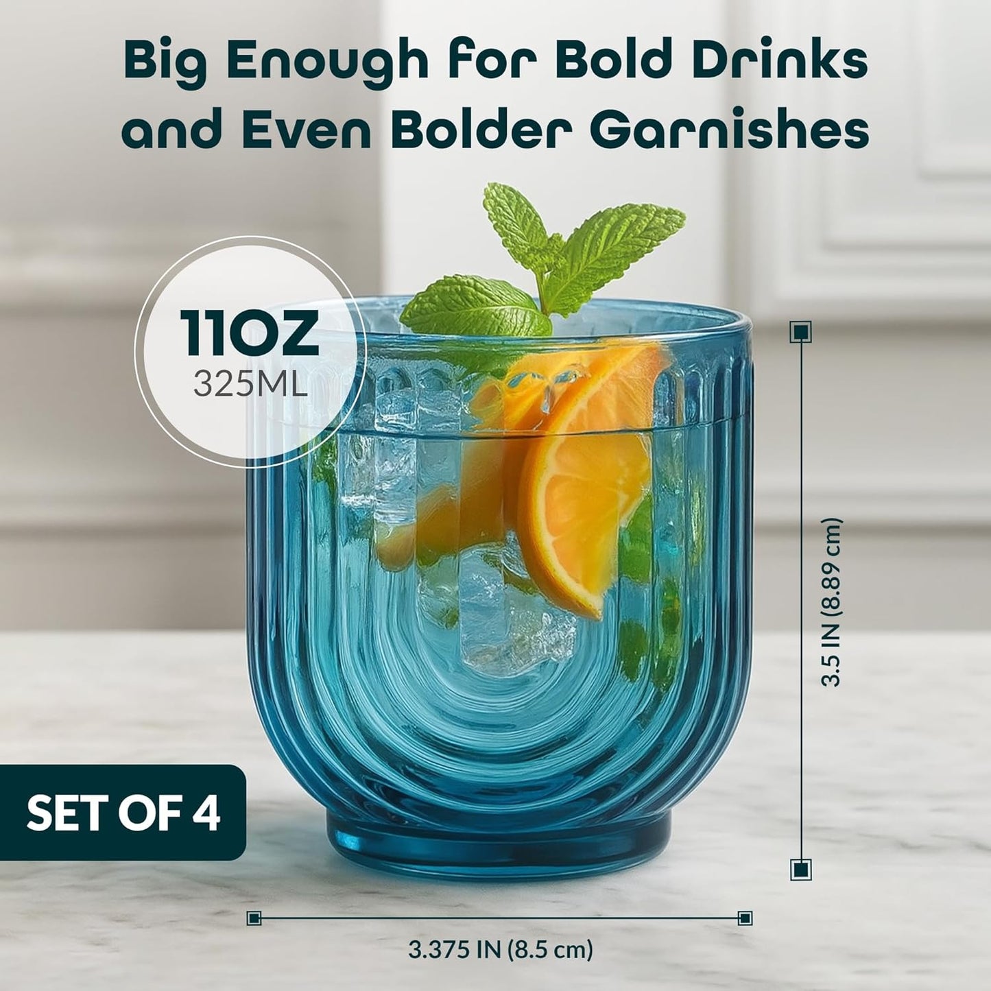 Glaver's Double Old Fashioned Rock Glasses, Set of 4 Blue Whiskey Glasses, 11 oz Art Deco U-Shape Design Embossed Everyday Home Bar Glassware. Art Deco Elegant Kitchen Drinking Glasses.