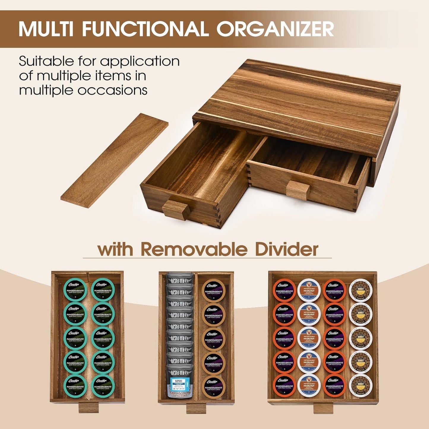 Acacia Wood K Cup Holder，Coffee Pods and Tea Bag Storage Organizer，with Two Drawers Kcup Holders for Counter，Multi-Functional Coffee Maker Stand