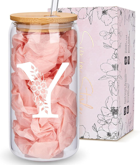 Personalized Gifts for Women, Monogrammed Glass Cups with Lids and Straws, Custom Tumbler, Cute Customized Mug, Aesthetic Stuff, Initial Iced Coffee Cup, Drinking Glasses, Birthday Teacher Gifts, Y