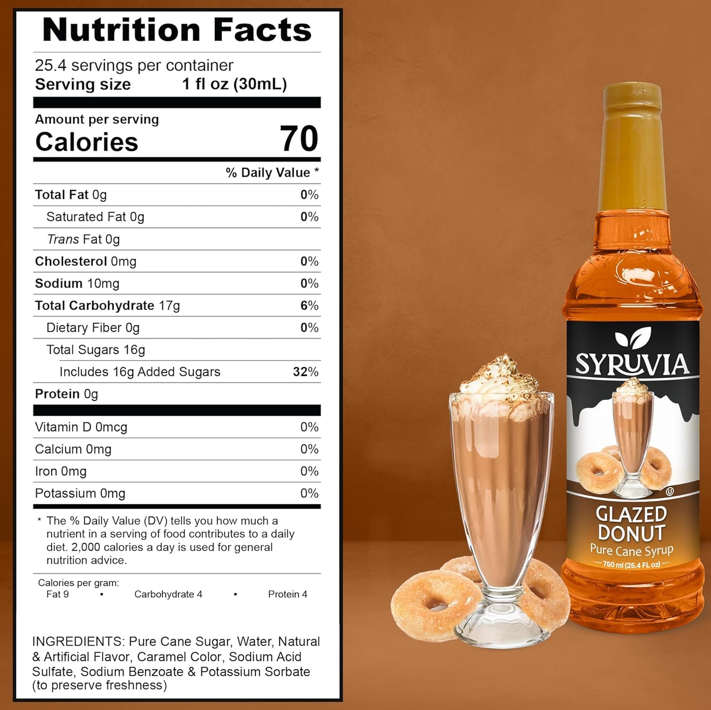 Syruvia Glazed Donut Coffee Syrup - 25.4 fl oz - Kosher Coffee Syrups, Gluten Free, No Coloring, Perfect for Drinks, Soda, Shakes, Desserts, and More.