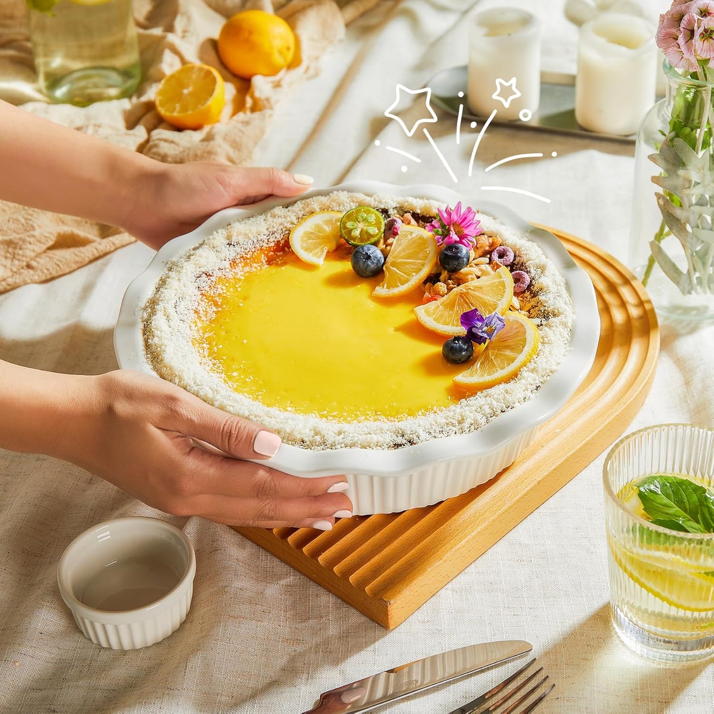 Sweese Porcelain Deep Fluted Pie Dish for Baking - 9 inch Porcelain Pie Plate for Apple, Quiche, Pot Pies, Tart - Vertical Line - White