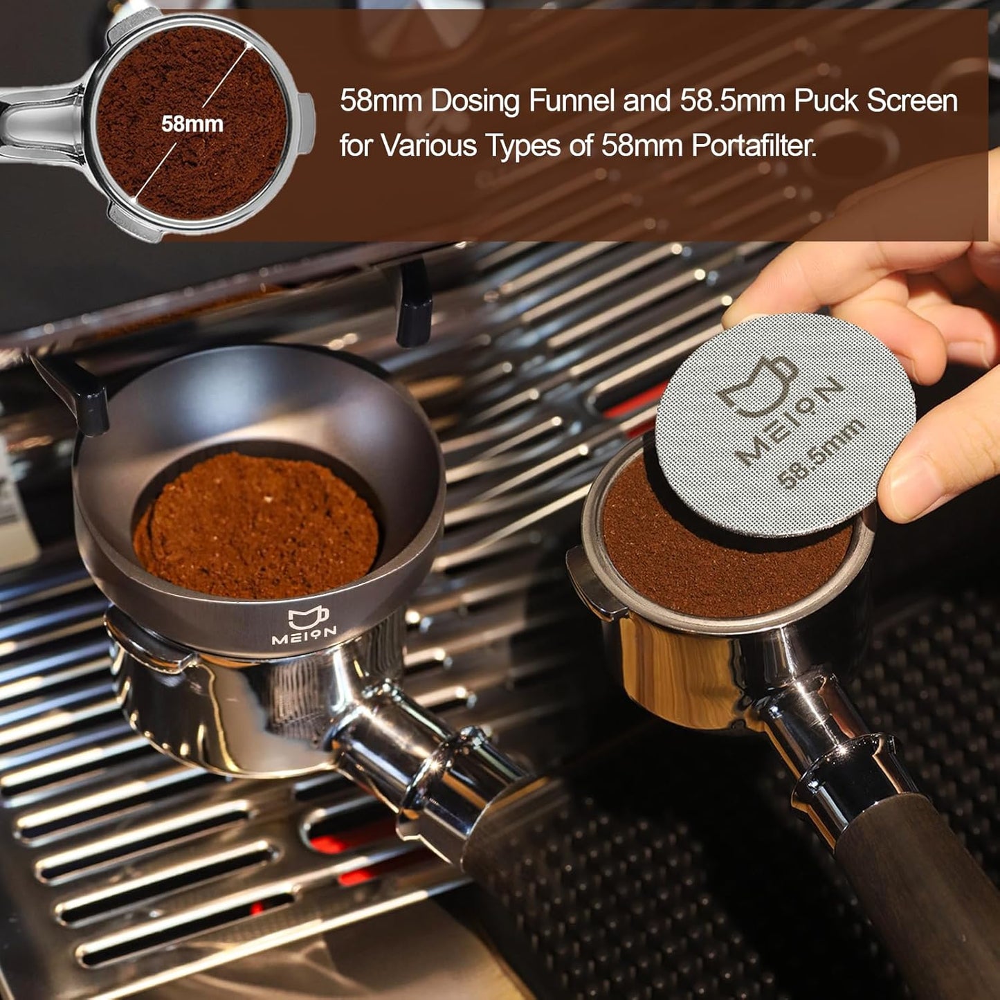 MEION 58mm Espresso Dosing Funnel and 58.5mm Puck Screen Set for 58mm Portafilters, Magnetic Coffee Portafilter Funnel, Reusable Espresso Puck Screen, Espresso Tools Accessories (Silver, 58mm)