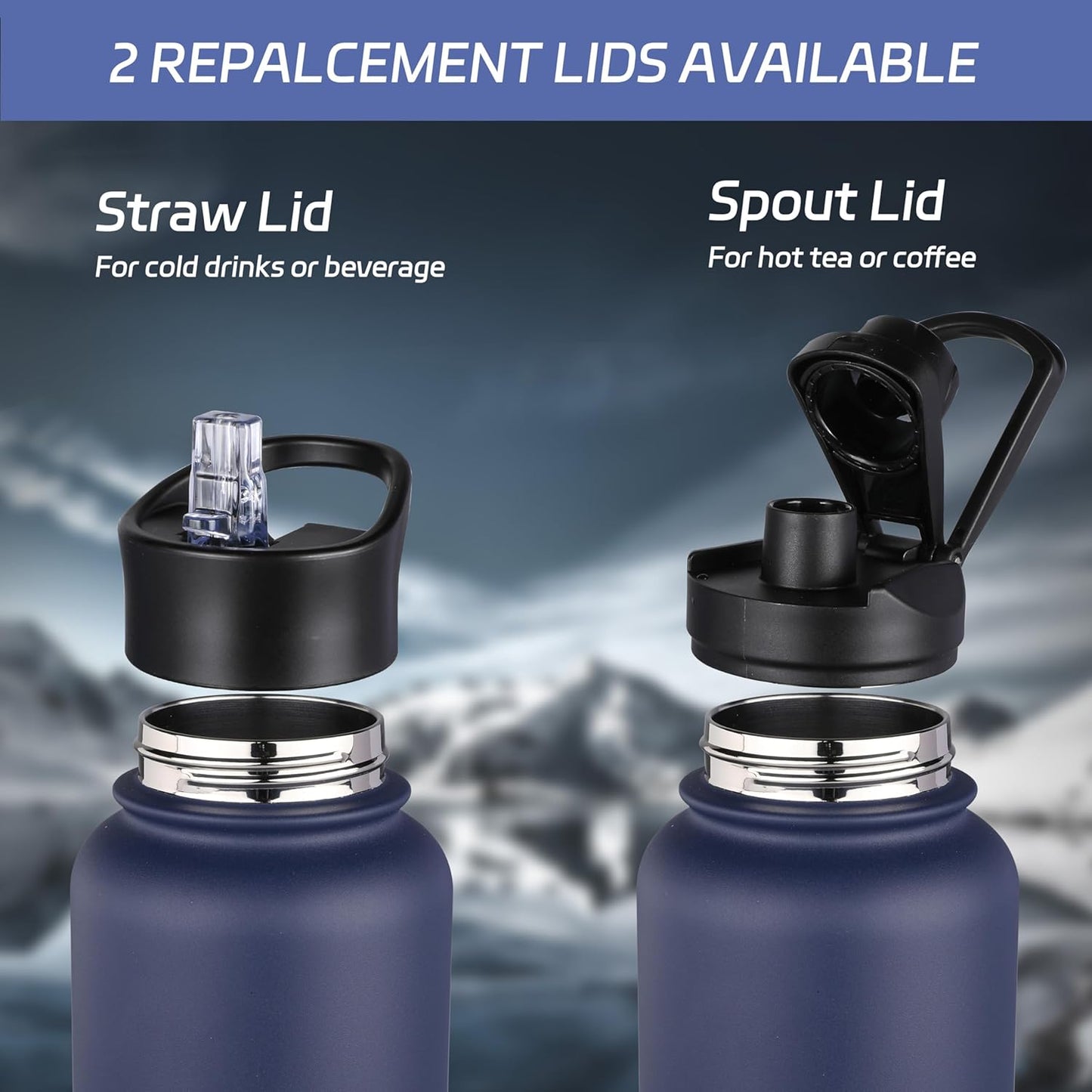 HASLE OUTFITTERS 32 oz Insulated Water Bottle Stainless Steel Double Walled Vacuum Sports Water Bottle with 2 Lids (Straw and Spout Lid) for Gym Camping Hiking(Navy,4)