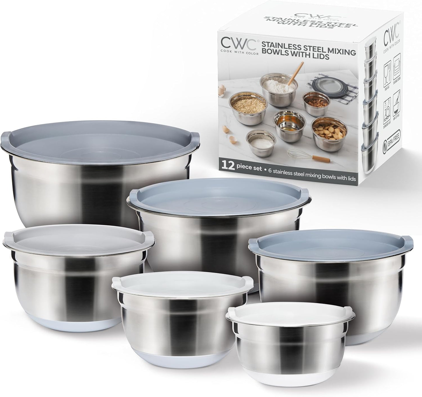 COOK WITH COLOR Stainless Steel Mixing Bowls Set with Lids - Nesting Bowls with Non-Slip Bottom, Grey, 12 Pieces