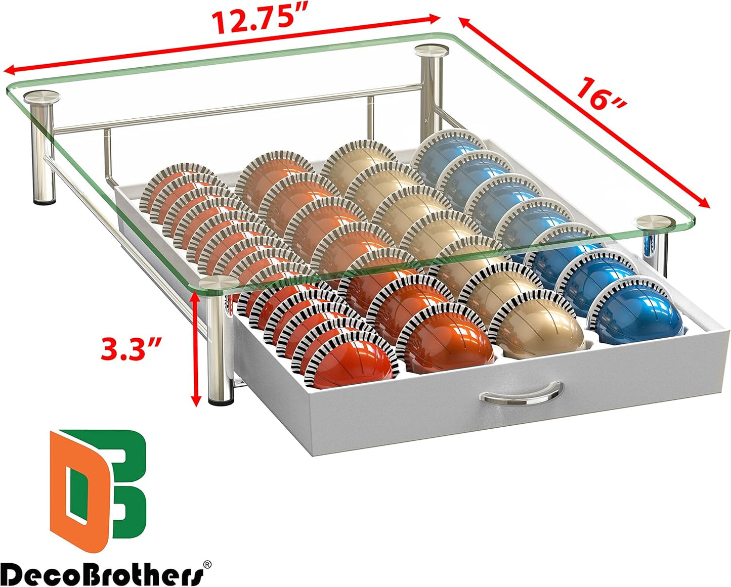 DecoBrothers Crystal Tempered Glass Vertuo Pod Holder Drawer, 28 Large or 56 Small Nespresso Capsule Organizer, White