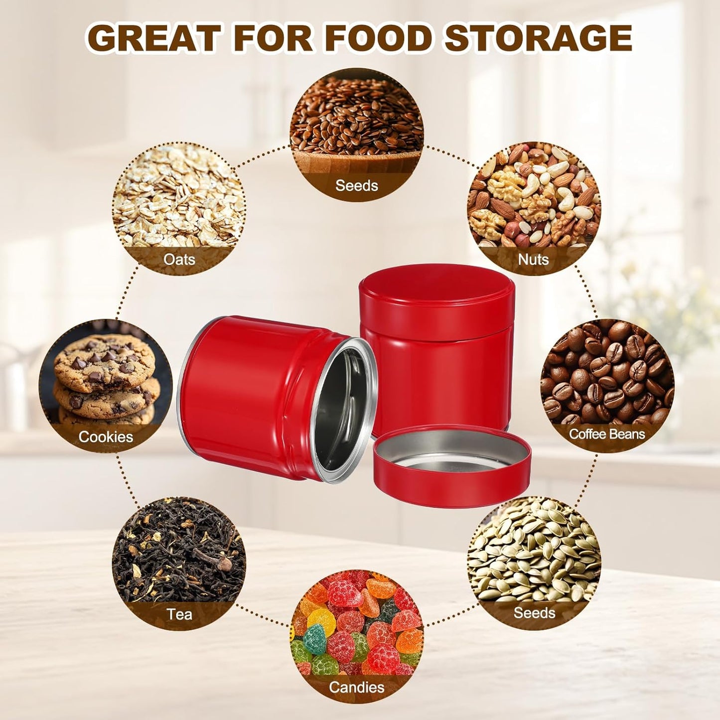 uxcell 2Pcs Round Tea Canisters, 4" x 4" Airtight Metal Tea Containers for Loose Tea, Coffee Beans, Spices - Durable, Compact, and Stylish Storage Tea Tin (Red)