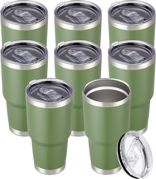 30 oz Tumbler with Lid Stainless Steel Tumblers Bulk Vacuum Insulated Cup Reusable Powder Coated Travel Mug Double Wall Leak Proof Cups Keep Cold Drinks for 12 Hours Army Green, Set of 8
